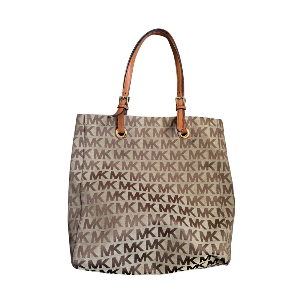 Michael Kors Tote Bag Womens Large Beige Brown MK Monogram Jacquard Canvas Work - Picture 2 of 8